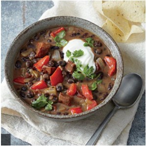 Yummy chilli black bean and chorizo soup with rice